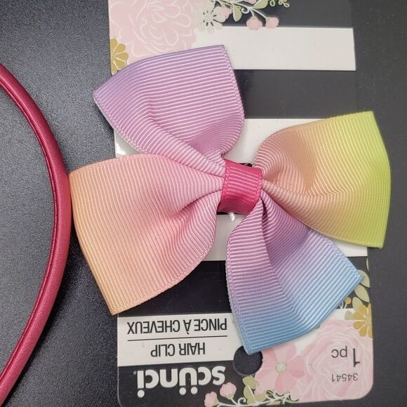 SCUNCI pink headband with rainbow bow with hair clip bow NWT - Picture 2 of 5